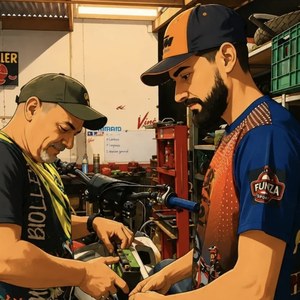 Los dos mecánicos de Ciclo Sibaja en el taller