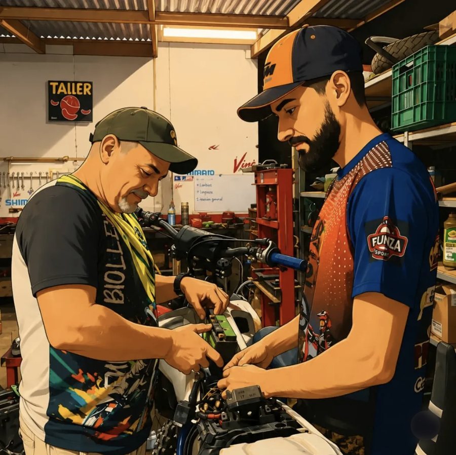 Dos mecánicos trabajando en una moto en el taller de Ciclo Sibaja